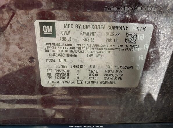 KL4CJASB6HB076962 2017 BUICK ENCORE Burgundy Widok komory silnika