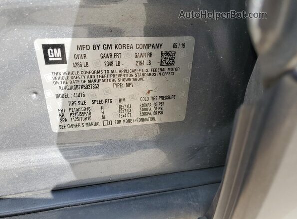 KL4CJASB7KB927853 2019 BUICK ENCORE Gray Widok naklejki z numerem VIN