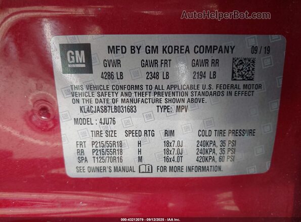 KL4CJASB7LB031683 2020 BUICK ENCORE Red Widok komory silnika