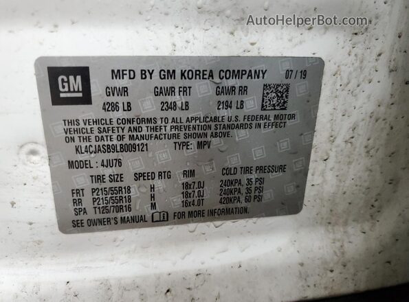 KL4CJASB9LB009121 2020 BUICK ENCORE White VIN կոդի պիտակի տեսք