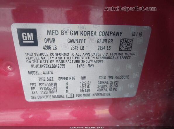 KL4CJASBXLB042855 2020 BUICK ENCORE Red Вид підкапотного простору