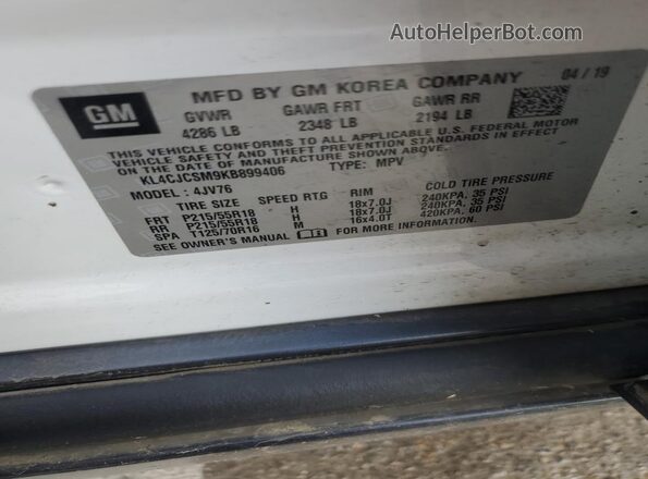 KL4CJCSM9KB899406 2019 BUICK ENCORE White Widok naklejki z numerem VIN