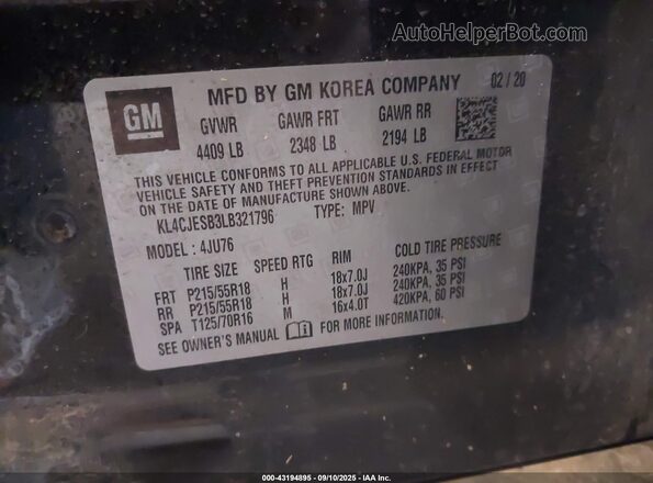 KL4CJESB3LB321796 2020 BUICK ENCORE Black Vista del compartimento del motor