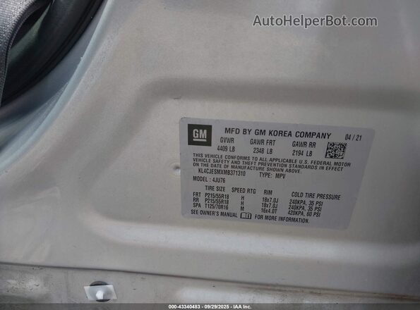 KL4CJESMXMB371310 2021 BUICK ENCORE Silver Շարժիչի բաժամունքի տեսք