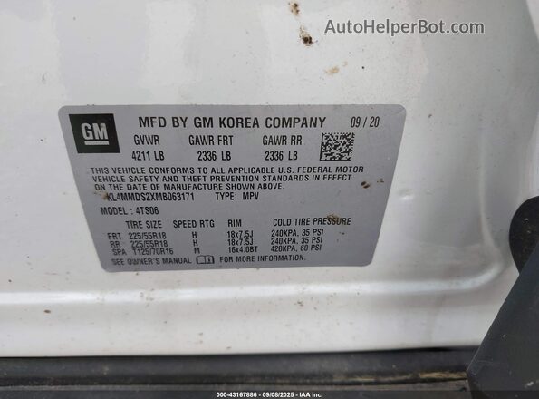 KL4MMDS2XMB063171 2021 BUICK ENCORE White Շարժիչի բաժամունքի տեսք