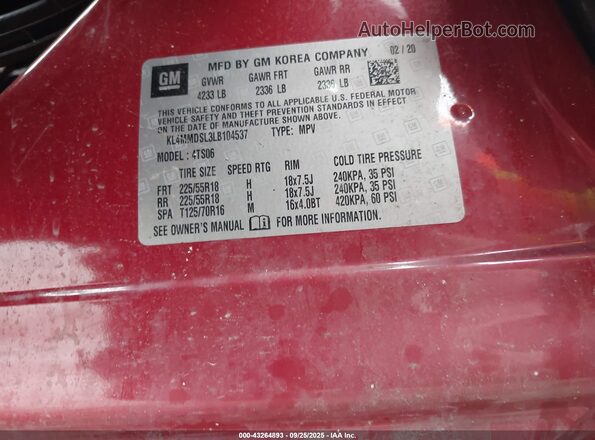 KL4MMDSL3LB104537 2020 BUICK ENCORE Red Вид підкапотного простору