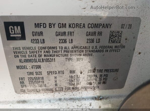 KL4MMDSL4LB105311 2020 BUICK ENCORE White Вид підкапотного простору