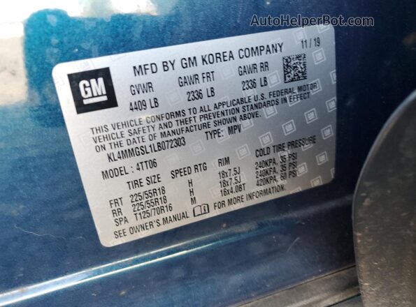 KL4MMGSL1LB072303 2020 BUICK ENCORE Blue Vista del compartimento del motor