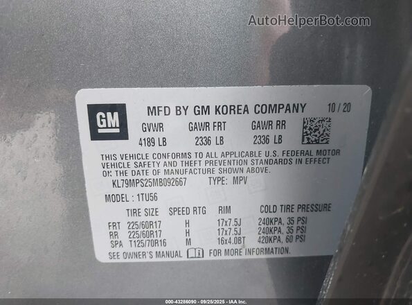 KL79MPS25MB092667 2021 CHEVROLET TRAILBLAZER Gray 