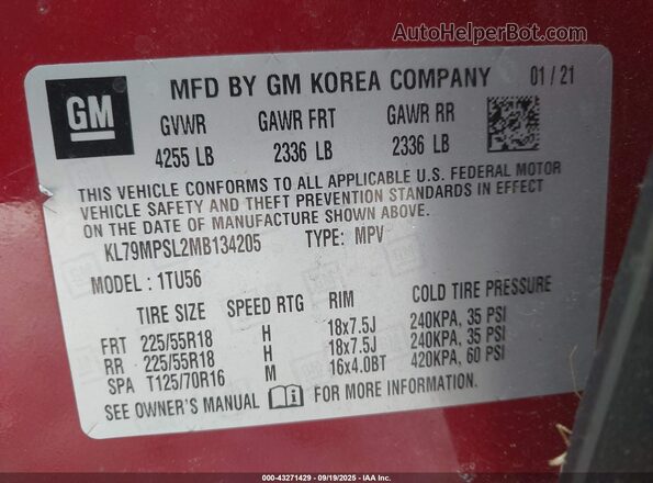 KL79MPSL2MB134205 2021 CHEVROLET TRAILBLAZER Red Engine compartment view