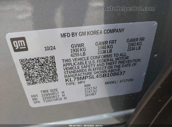 KL79MPSL4SB108637 2025 CHEVROLET TRAILBLAZER Gray ძრავის განყოფილების ხედი