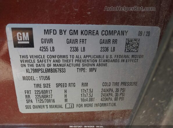 KL79MPSL6MB067933 2021 CHEVROLET TRAILBLAZER Orange Engine compartment view