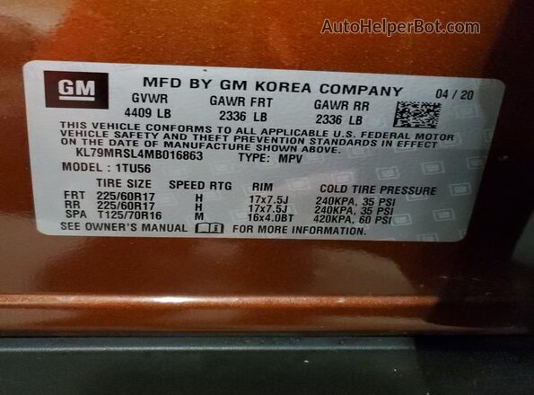 KL79MRSL4MB016863 2021 CHEVROLET TRAILBLAZER Brown Widok naklejki z numerem VIN