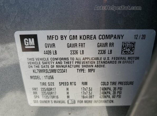 KL79MRSL5MB123341 2021 CHEVROLET TRAILBLAZER Gray VIN კოდის სტიკერის ხედი
