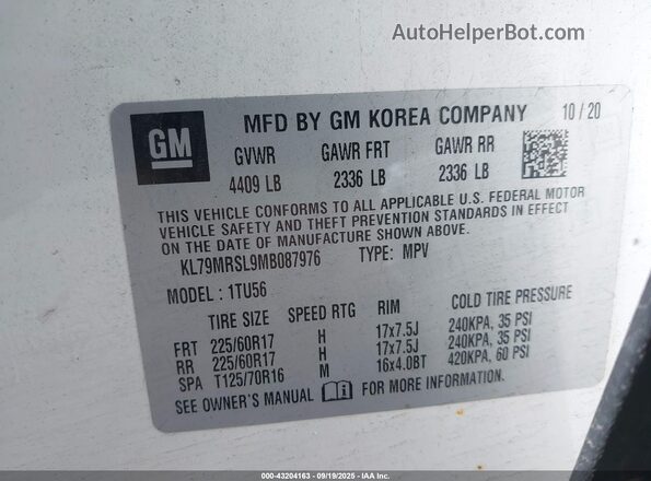 KL79MRSL9MB087976 2021 CHEVROLET TRAILBLAZER White Вид підкапотного простору