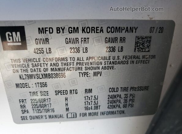KL79MVSLXMB038696 2021 CHEVROLET TRAILBLAZER White VIN sticker view