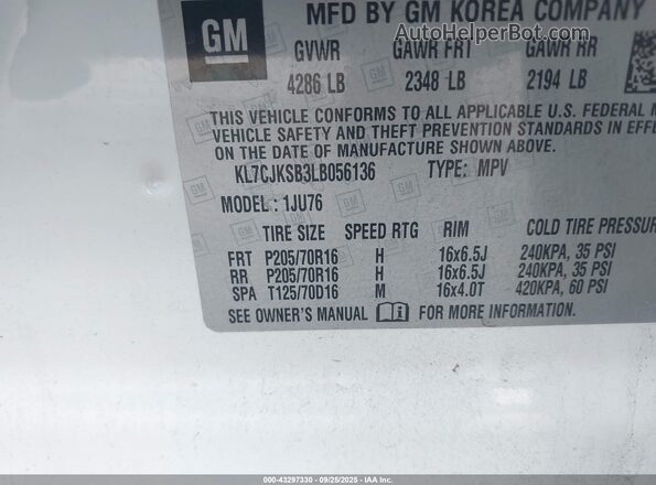 KL7CJKSB3LB056136 2020 CHEVROLET TRAX White Vista del compartimento del motor