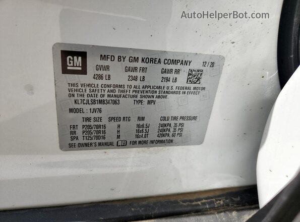 KL7CJLSB1MB347063 2021 CHEVROLET TRAX White Engine compartment view