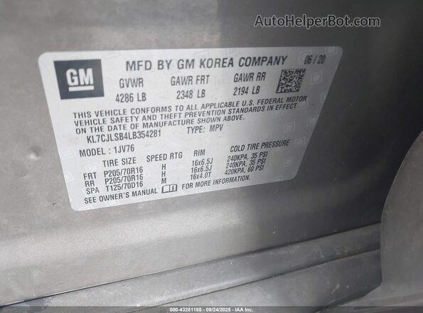 KL7CJLSB4LB354281 2020 CHEVROLET TRAX Brown Вид підкапотного простору
