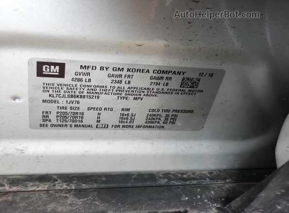 KL7CJLSB6KB815219 2019 CHEVROLET TRAX Silver Widok naklejki z numerem VIN