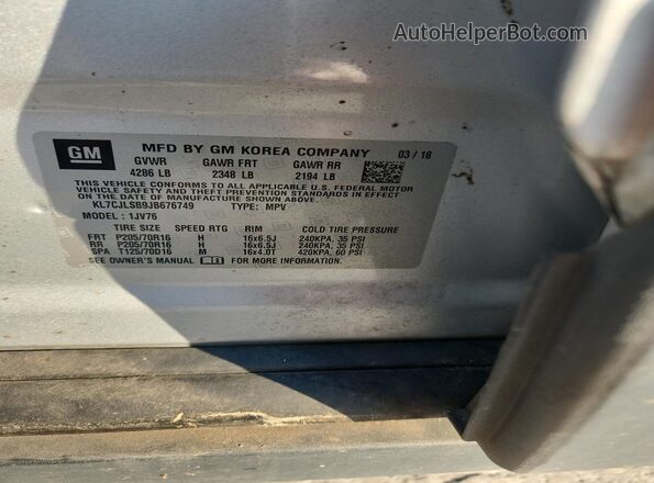 KL7CJLSB9JB676749 2018 CHEVROLET TRAX Gray 