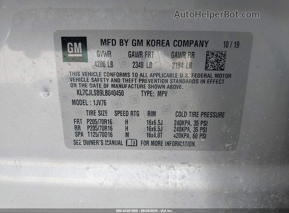 KL7CJLSB9LB040450 2020 CHEVROLET TRAX Silver Vista del compartimento del motor