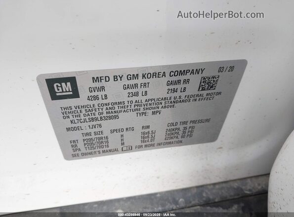 KL7CJLSB9LB328095 2020 CHEVROLET TRAX White ძრავის განყოფილების ხედი