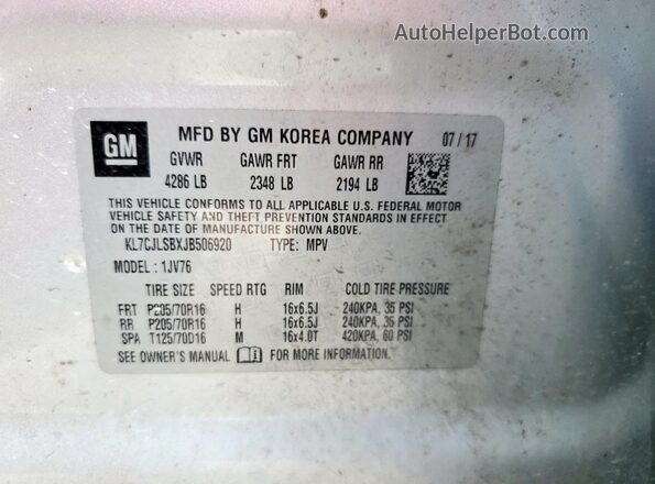 KL7CJLSBXJB506920 2018 CHEVROLET TRAX Silver 