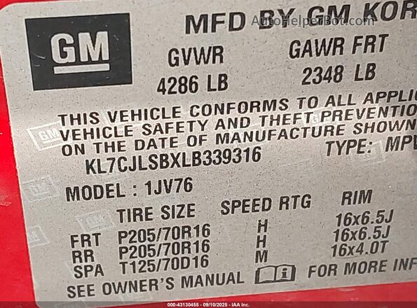 KL7CJLSBXLB339316 2020 CHEVROLET TRAX Red Vista del compartimento del motor