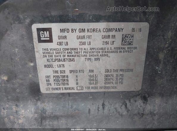 KL7CJPSB4JB712645 2018 CHEVROLET TRAX Gray 
