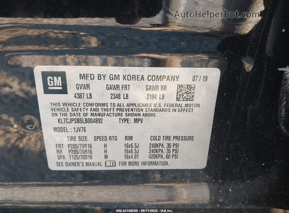 KL7CJPSB5LB004892 2020 CHEVROLET TRAX Black Вид підкапотного простору