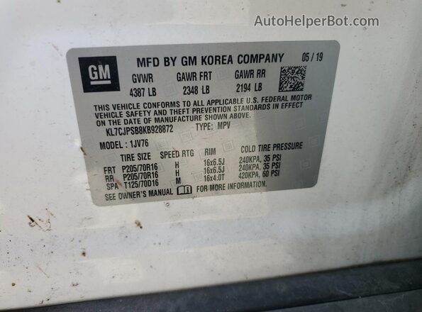 KL7CJPSB8KB928872 2019 CHEVROLET TRAX White VIN sticker view
