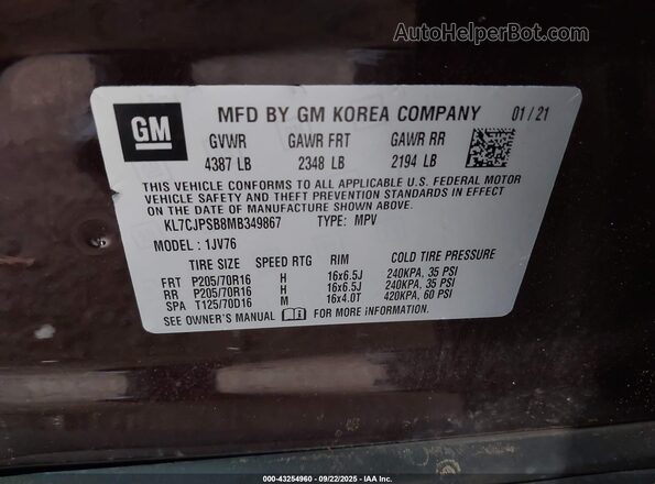 KL7CJPSB8MB349867 2021 CHEVROLET TRAX Maroon Engine compartment view