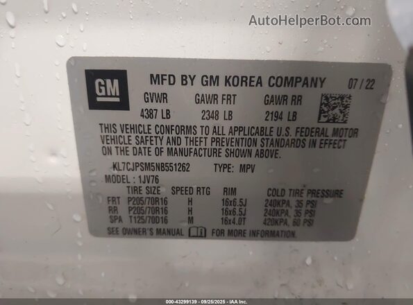KL7CJPSM5NB551262 2022 CHEVROLET TRAX White Vista del compartimento del motor