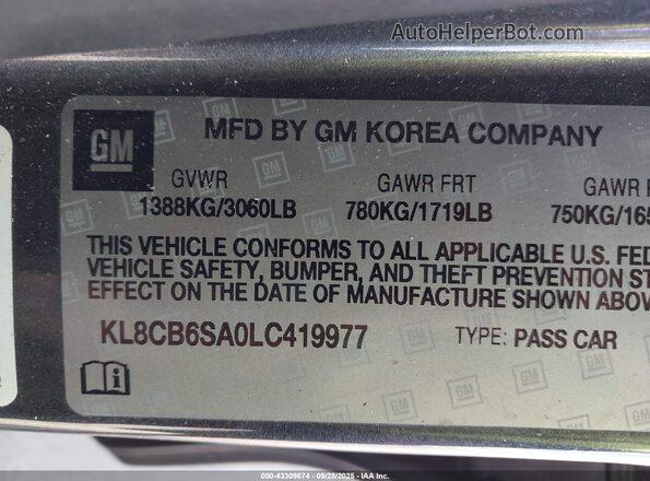 KL8CB6SA0LC419977 2020 CHEVROLET SPARK Gray Engine compartment view