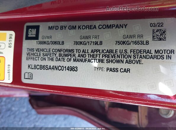 KL8CB6SA4NC014983 2022 CHEVROLET SPARK Красный Вид подкапотного пространства