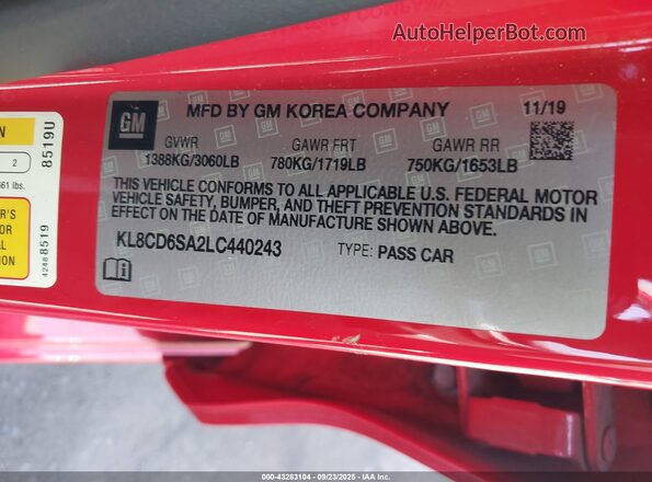 KL8CD6SA2LC440243 2020 CHEVROLET SPARK Red Շարժիչի բաժամունքի տեսք
