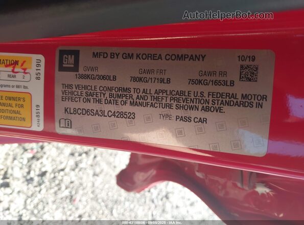 KL8CD6SA3LC428523 2020 CHEVROLET SPARK Red Շարժիչի բաժամունքի տեսք