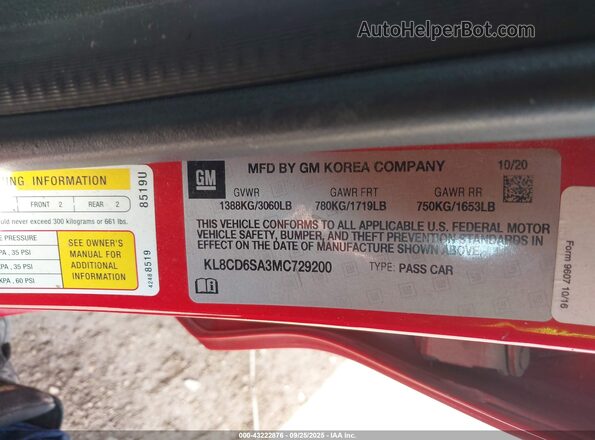 KL8CD6SA3MC729200 2021 CHEVROLET SPARK Red Շարժիչի բաժամունքի տեսք