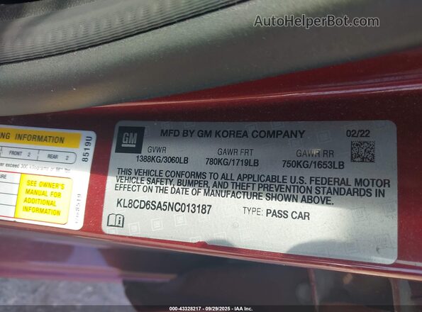 KL8CD6SA5NC013187 2022 CHEVROLET SPARK Red Widok komory silnika
