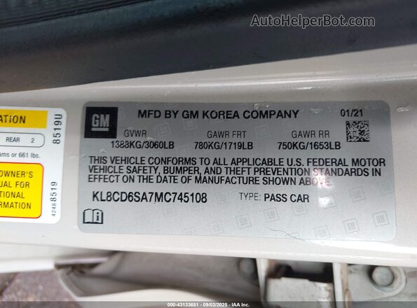 KL8CD6SA7MC745108 2021 CHEVROLET SPARK White Շարժիչի բաժամունքի տեսք