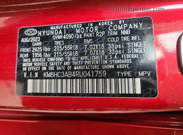 KM8HC3AB4RU041759 2024 HYUNDAI KONA Red Vista interior de 360 grados