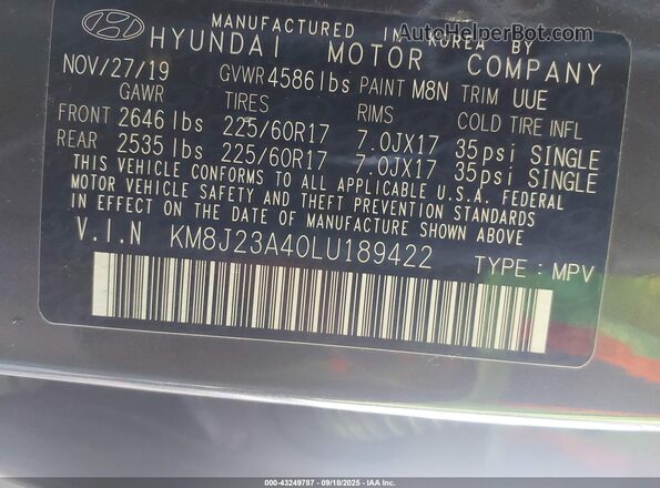 KM8J23A40LU189422 2020 HYUNDAI TUCSON Brown Vista del compartimento del motor