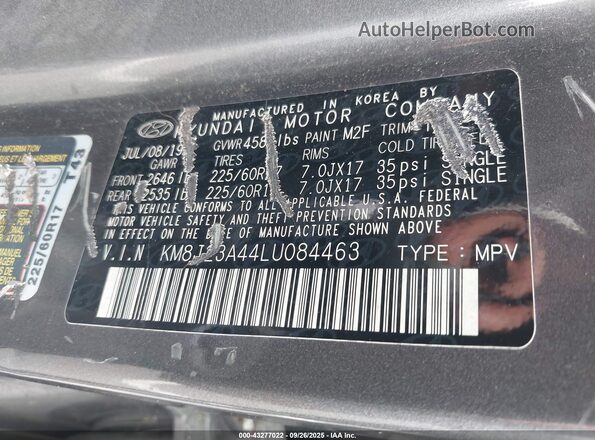 KM8J23A44LU084463 2020 HYUNDAI TUCSON Gray Vista del compartimento del motor