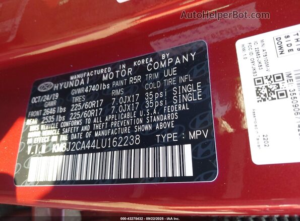 KM8J2CA44LU162238 2020 HYUNDAI TUCSON Burgundy Engine compartment view