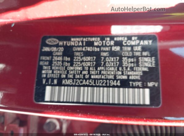 KM8J2CA45LU221944 2020 HYUNDAI TUCSON Burgundy Vista del compartimento del motor
