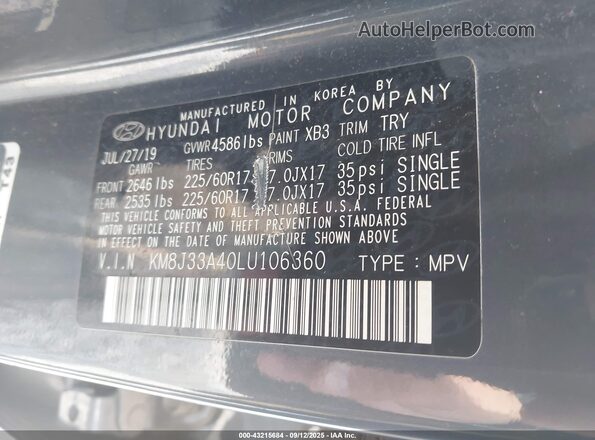 KM8J33A40LU106360 2020 HYUNDAI TUCSON Blue Vista del compartimento del motor