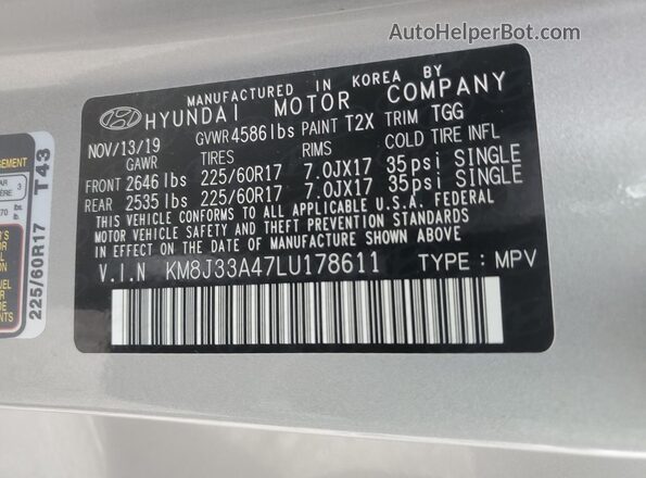 KM8J33A47LU178611 2020 HYUNDAI TUCSON Silver Vista del compartimento del motor