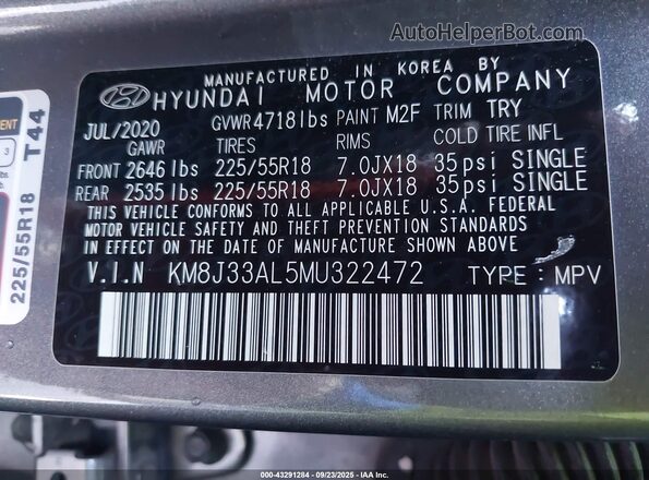 KM8J33AL5MU322472 2021 HYUNDAI TUCSON Gray Vista del compartimento del motor