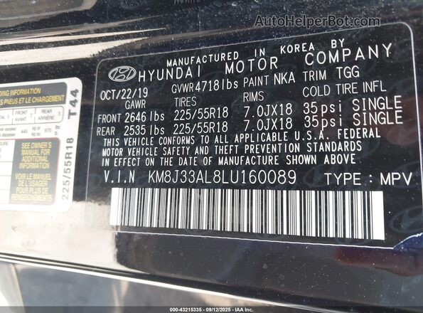 KM8J33AL8LU160089 2020 HYUNDAI TUCSON Черный Вид подкапотного пространства